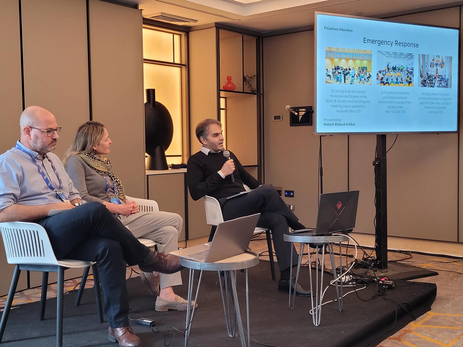 Polyphony’s founder and CEO, Nabeel Aboud Ashkar, as a panelist on the Art and Culture Forum at the JFN annual conference, March 2024